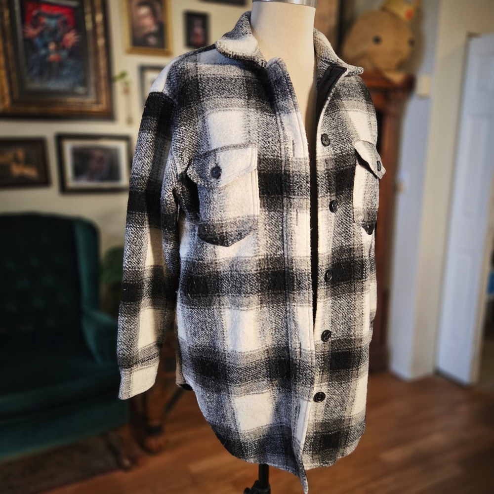 Joie Plaid Shacket Jacket Black White Flannel Plaid‎ Oversized Button Up Coat